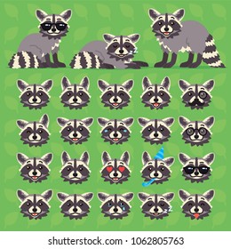 Cute raccoon in different poses and emotions. Vector illustration of  racoon constuctor on blue background. Emoji. Emoticon. Coon with striped tail in flat cartoon style. Collection. Set.