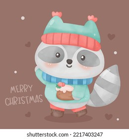 Cute raccoon dog Christmas watercolor winter animals. X mas card (happy new year kids) kawaii vector for fairy tale book. Perfect make a wish for celebration party children, princess party, pattern.