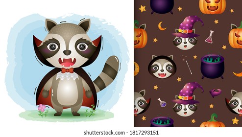 a cute raccoon with dracula costume halloween character collection. seamless pattern and illustration designs