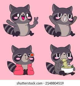 Cute Raccoon Drawing, Cute Raccoon Sticker Vector Set