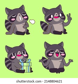 Cute Raccoon Drawing, Cute Raccoon Sticker Vector Set