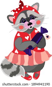 The cute raccoon is dressed in a delicate dress and vest. She has a bandage with a bow on her head. The raccoon holds a candy in its paws. Vector illustration