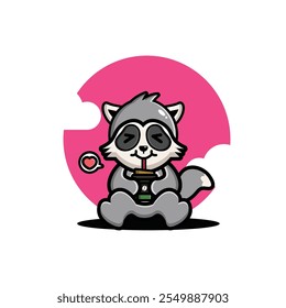 Cute raccoon drink coffee cartoon