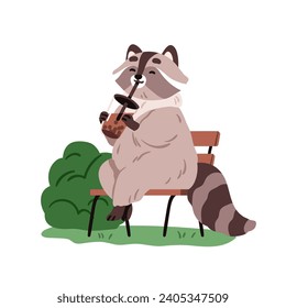 Cute raccoon drinking boba beverage, bubble tea. Happy funny animal character, racoon relaxing with milkshake, sitting on bench in park, nature. Flat vector illustration isolated on white background