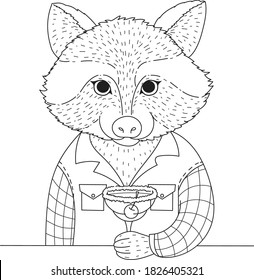 Cute Raccoon drinking cocktail design for adult coloring book page, print on product and so on. Vector illustration