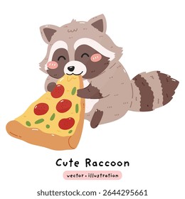 Guaxinim bonito comendo a grande fatia de pizza desenho animado vetor ilustração