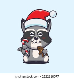 Cute raccoon eating christmas cookies and candy. Cute christmas cartoon illustration. 