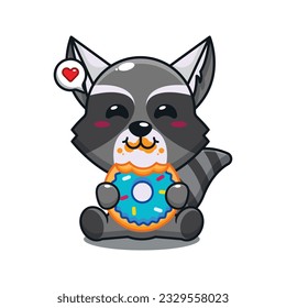 cute raccoon eating donut cartoon vector illustration.