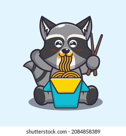 Cute raccoon eating noodle. Cute cartoon animal illustration.