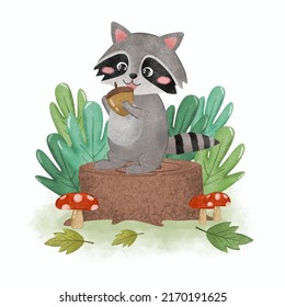 The cute raccoon eating oak seed on stump in forest in cartoon character watercolor painting style, vector illustration