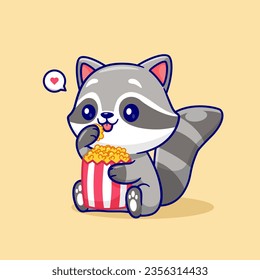 Cute Raccoon Eating Popcorn Cartoon Vector Icon Illustration. Animal Food Icon Concept Isolated Premium Vector. Flat Cartoon Style