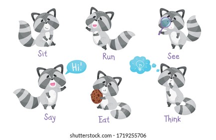 Cute Raccoon Engaged in Eating and Running Activity Vector Set