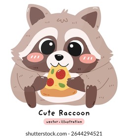 Cute Raccoon Enjoying Pizza Slice - Kawaii Raccoon and Pizza vector illustration