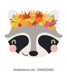 Cute raccoon face in autumn leaves crown character illustration. Hand drawn animal, Scandinavian style flat design, isolated vector. Kids autumn, fall print, element, seasonal activity