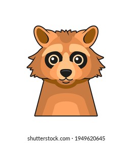 Cute Raccoon Face Cartoon Style on White Background. Vector