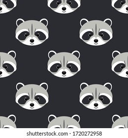 Cute raccoon face seamless pattern. Funny woodland forest animal. Cartoon vector illustration 