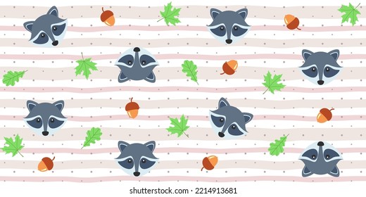 Cute raccoon faces, acorns, maple and oak leaves on a soft striped background with polka dots. Endless texture with forest animal. Vector seamless pattern for cover, wrapping paper, packaging or print