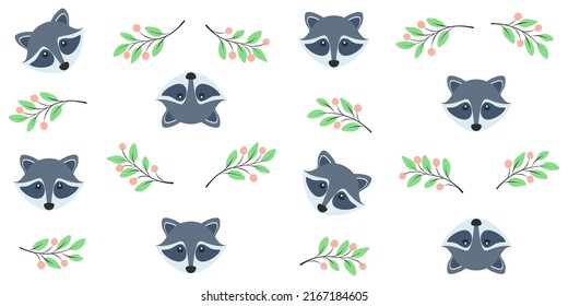Cute raccoon faces and green twigs with pink berries on a white background. Endless texture with adorable animal. Vector seamless pattern for cover, wrapping paper, packaging, surface texture or print