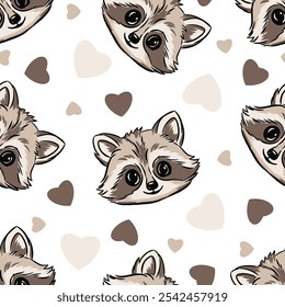 Cute raccoon faces with hearts in a playful seamless pattern on a light background perfect for various design projects