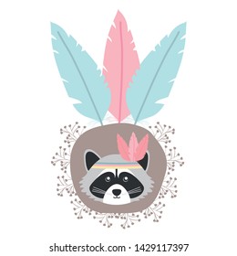 cute raccoon with feathers hat bohemian style