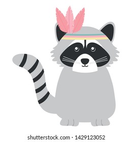 cute raccoon with feathers hat bohemian style