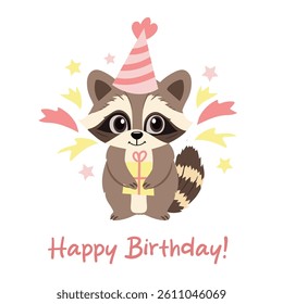 Cute raccoon in festive cap with gift box. Happy birthday kids party. Vector illustration. 