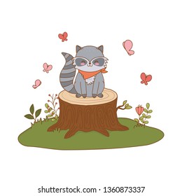 cute raccoon in the field woodland character