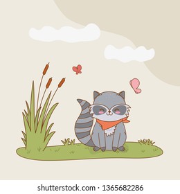 cute raccoon in the field woodland character