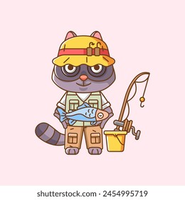 Cute raccoon fisher fishing animal chibi character mascot icon flat line art style illustration concept cartoon