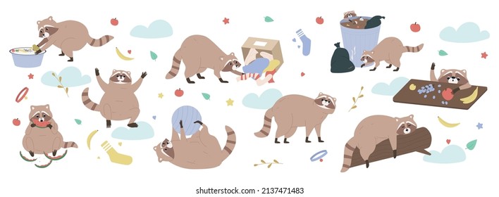 Cute raccoon flat background with funny animals doing various activities vector illustration