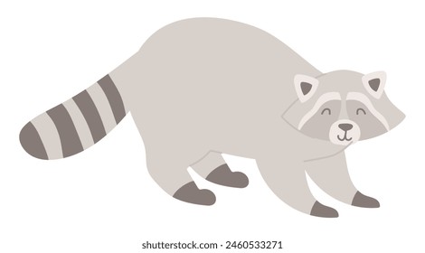 Mapache lindo en diseño plano. Feliz ladrón curioso de mascotas con cola a rayas. Ilustración vectorial aislada.