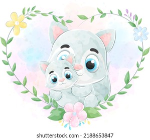 Cute Raccoon And Flora Frame Cartoon Animal Watercolor Illustration