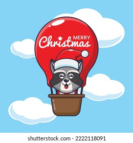 Cute raccoon fly with air balloon. Cute christmas cartoon illustration.