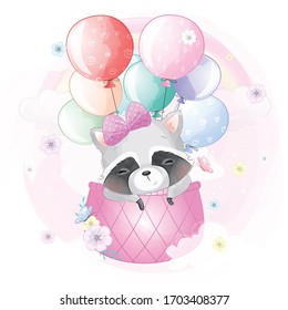 Cute raccoon flying with air balloon