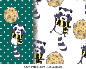 cute raccoon flying on the moon + vector pattern
