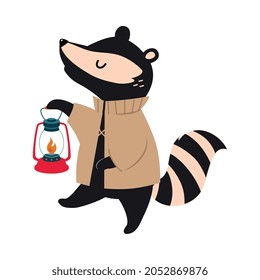 Cute Raccoon as Forest Animal Walking with Lantern Vector Illustration