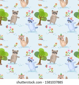 Cute raccoon in forest seamless pattern for fabric textile wallpaper wrapping paper.