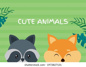 Cute raccoon and fox cartoon on green background