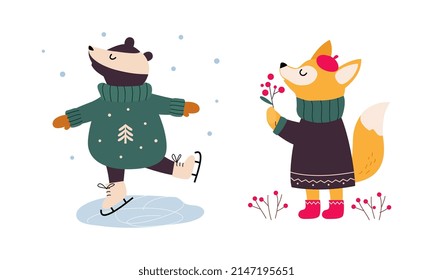 Cute Raccoon and Fox as New Year Character Ice Skating and Smelling Ashberry Vector Set