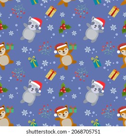 Cute raccoon and fox on Christmas element background.