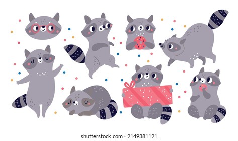 Cute raccoon. Funny little animal mascots. Different poses, emotions and actions. Forest characters with presents or donuts. Smiling muzzle. Woodland mammals. Vector