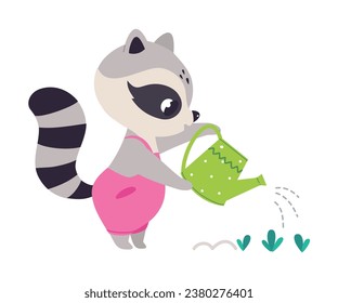 Cute Raccoon Gardener Watering Plants with Can Vector Illustration