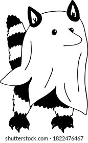 cute raccoon ghost vector illustration. ghost sketch. halloween greeting card. set of stickers. Hand drawn spirit 