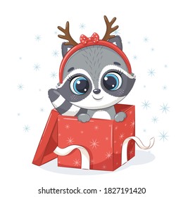 Cute raccoon in gift box. Vector illustration for baby shower, greeting card, party invitation, fashion clothes t-shirt print.