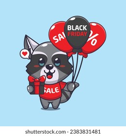 cute raccoon with gifts and balloons in black friday sale cartoon vector illustration