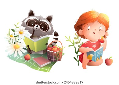 Cute raccoon and girl reading books or study, picnic with a basket of apples in forest. Summer or spring cartoon for children with animal reading books. Vector characters clip art for kids.