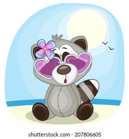 Cute Raccoon girl in sunglasses on the beach 