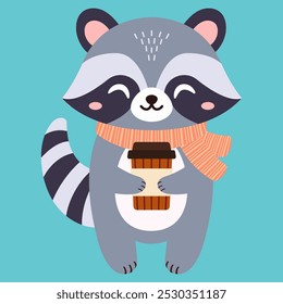 Cute raccoon and a glass of coffee. Vector flat illustration.