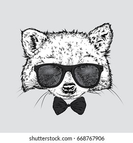 A cute raccoon with glasses and a tie. Vector illustration for a postcard or a poster, print for clothes. Wild animal in clothes.