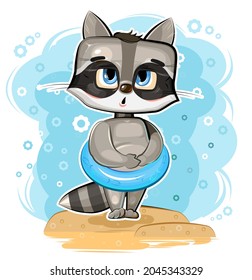 Cute Raccoon got ready to swim in an inflatable ring on beach. Funny comic baby animal. Young cute cartoon style. Childrens clipart illustration isolated on white background. Vector